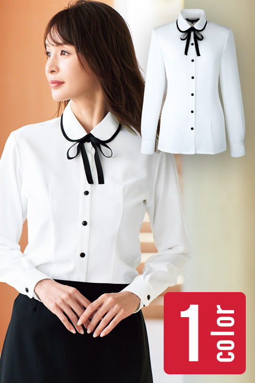 【受付案内 歯科医院制服】リボンがかわいいパイピング丸襟ブラウス