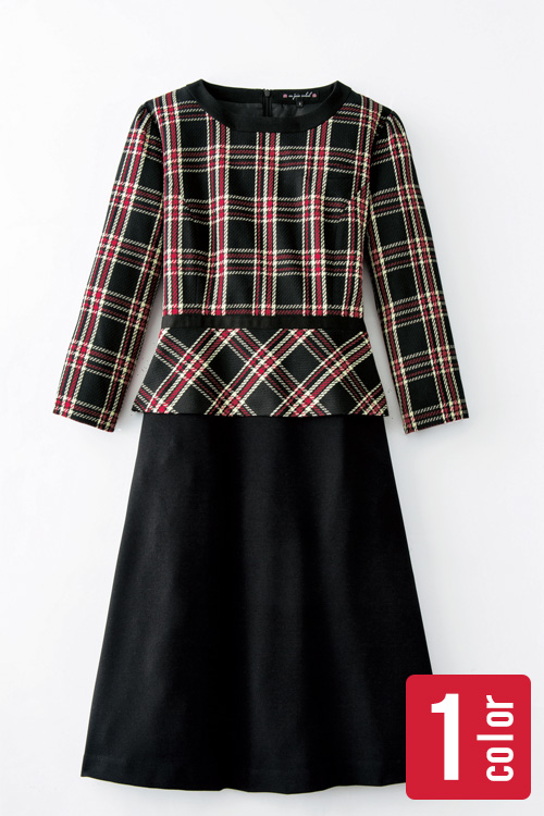 【ホテル受付案内ユニフォーム制服】チェック柄の華やか七分袖ワンピース