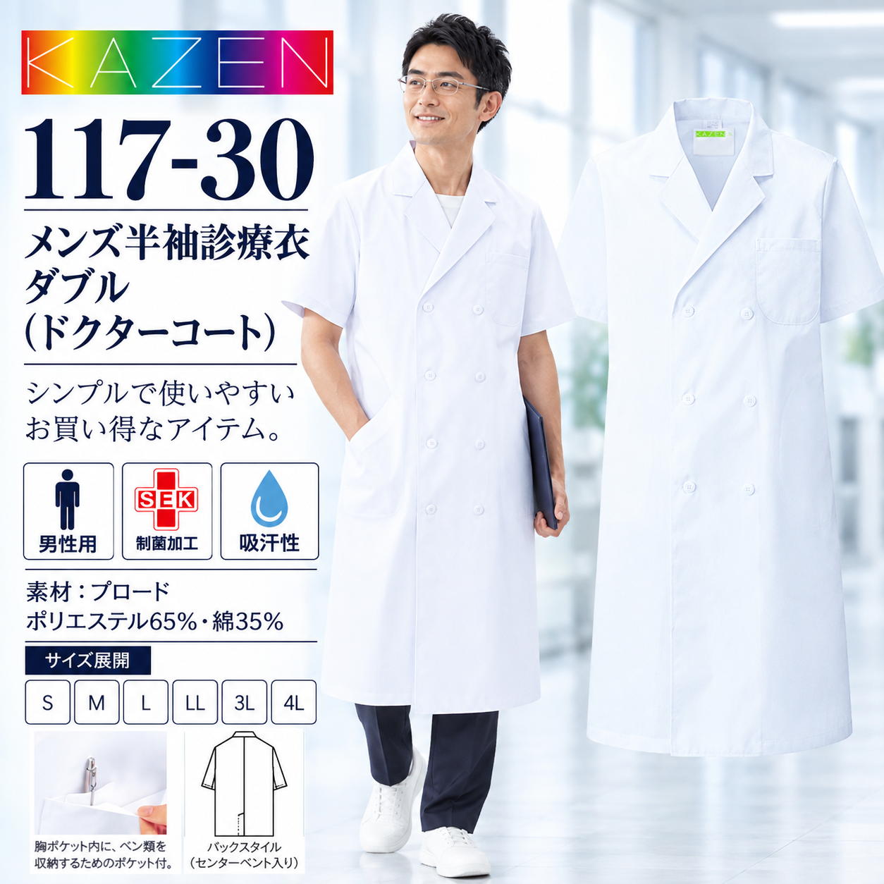 【歯科・医療制服】KAZEN 117-30 メンズ半袖診療衣ダブル ドクターコート 白衣 男性用 安くてお買い得　制菌加工 吸汗性 S～4L 医師・薬剤師・医療スタッフ向け