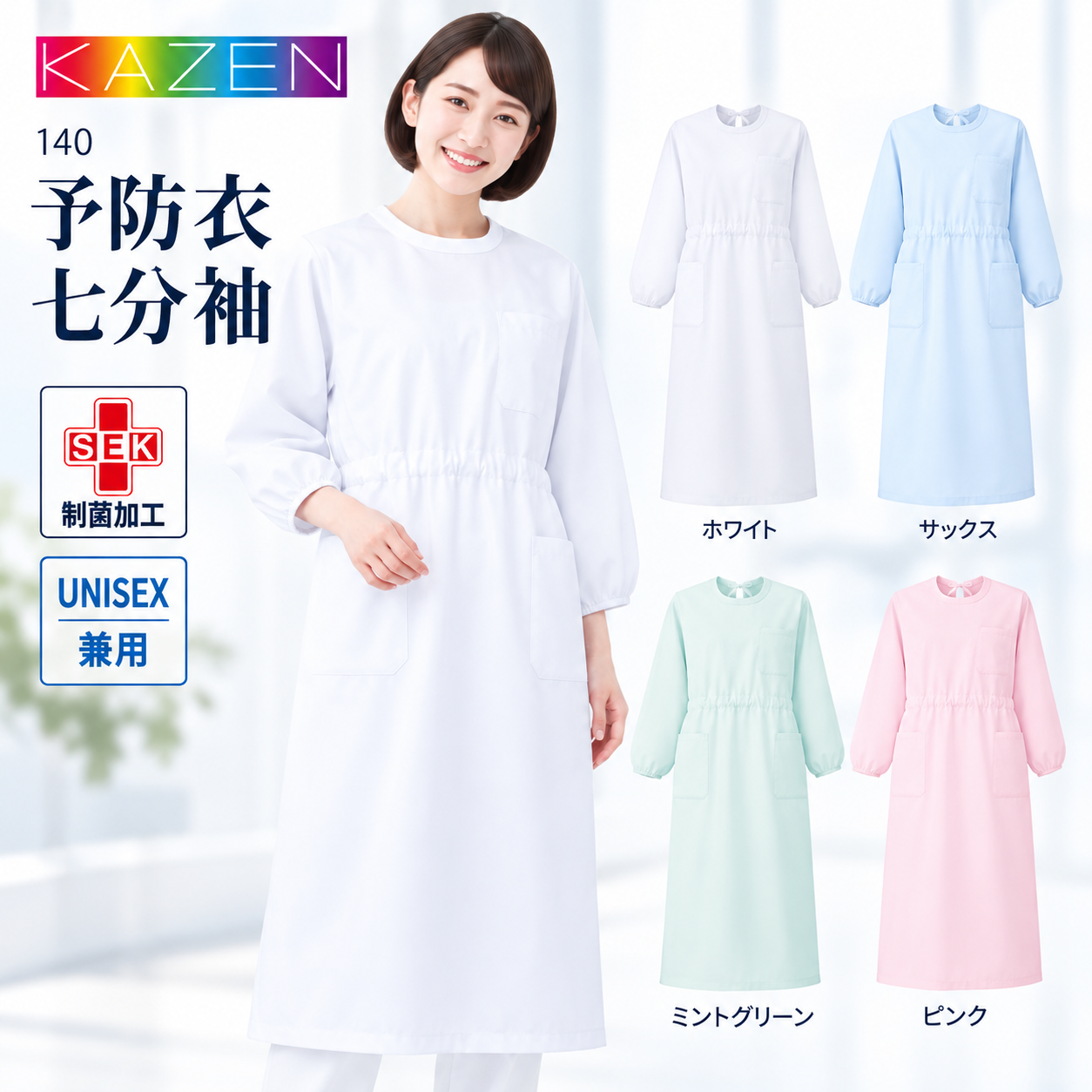 【歯科・医療制服】KAZEN 140 予防衣 七分袖 兼用 制菌加工 ブロード素材 男女兼用 医療・介護・給食・清掃用 白・サックス・ミント・ピンク