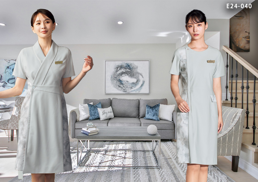 codeE24-040特別感のあるアイスグレーのおもてなしワンピース｜ラグジュアリー感のあるサロン・クリニック制服