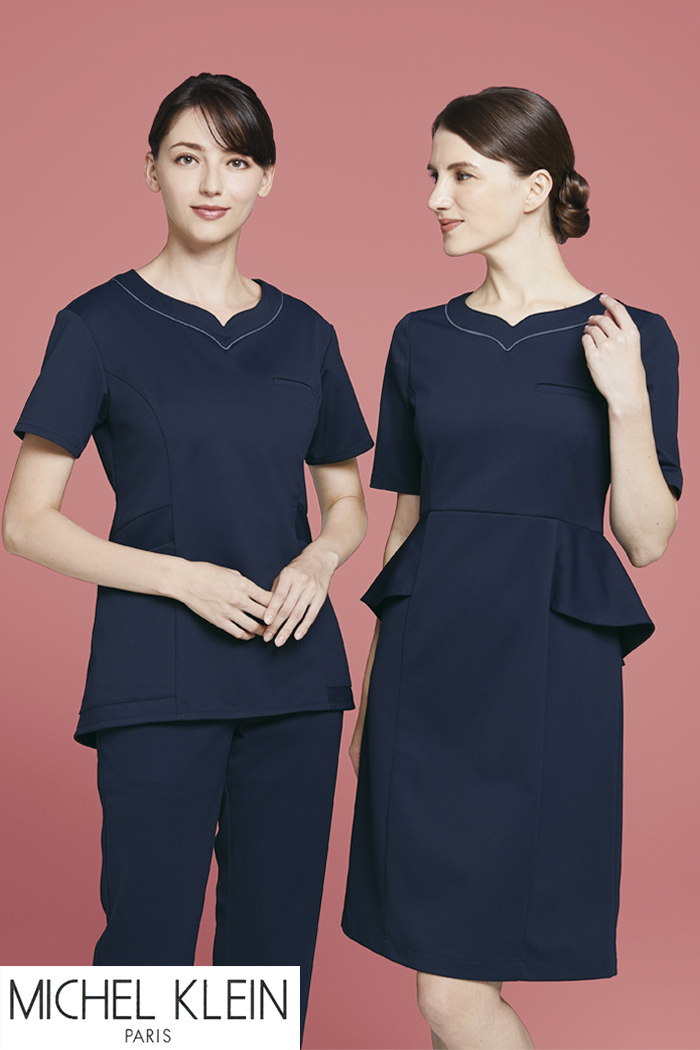 ec0040【エステ・美容歯科クリニック制服はコーデから選ぶ】ミッシェルクラン　ラインデザインの胸元が上品　ネイビーチュニック&ワンピースコーディネート