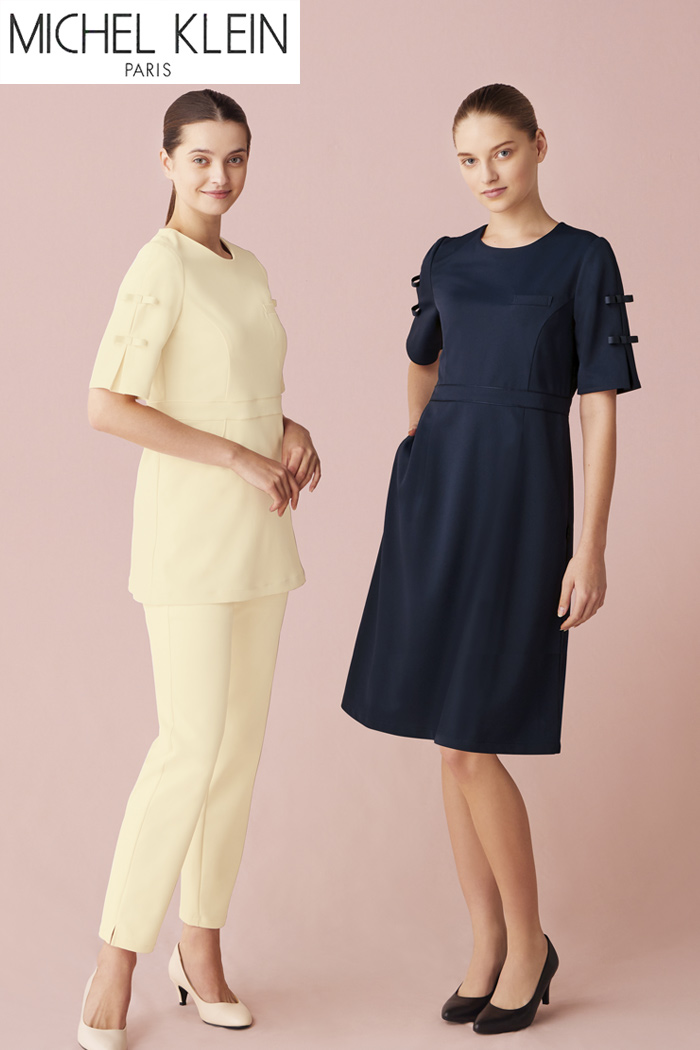 ec0041【エステ・美容歯科クリニック制服はコーデから選ぶ】袖リボンが可愛い5分袖チュニック&ワンピースコーディネート