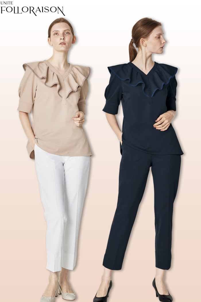 ec0048【エステ・美容歯科クリニック制服はコーデから選ぶ】フォロレゾン華やかなラッフルカラーチュニックスタイル★