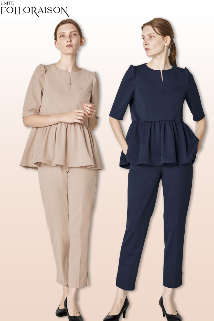 ec0049【エステ・美容歯科クリニック制服はコーデから選ぶ】フォロレゾン 六分袖ペプラムトップススタイル★