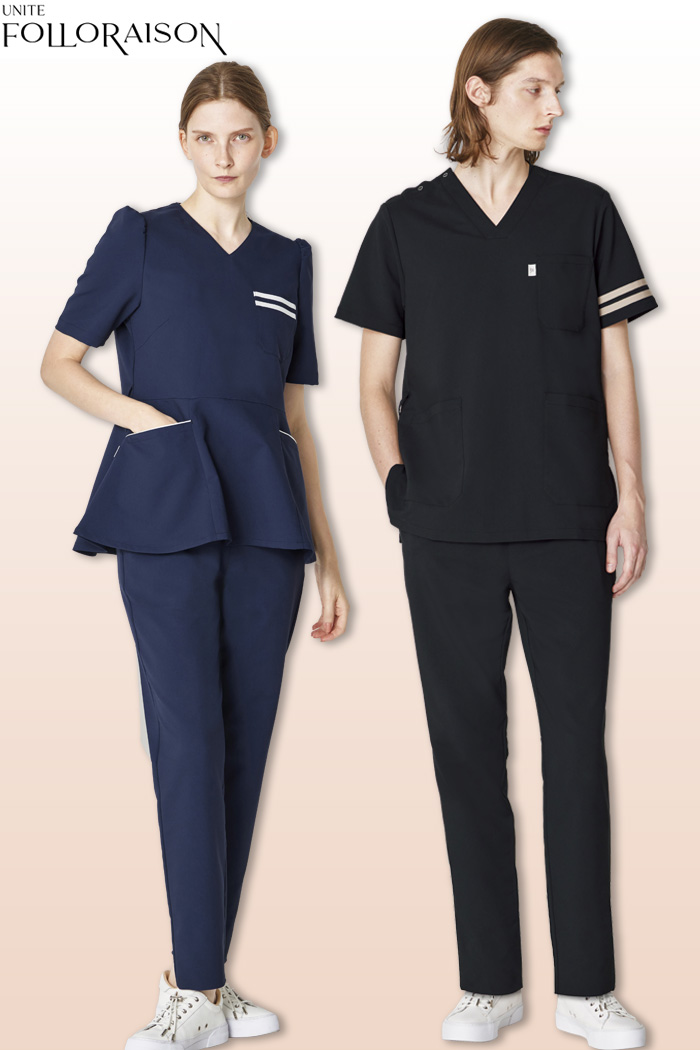 ec0051【エステ・美容歯科クリニック制服はコーデから選ぶ】フォロレゾン2本ラインがアクセントのスクラブスタイル★