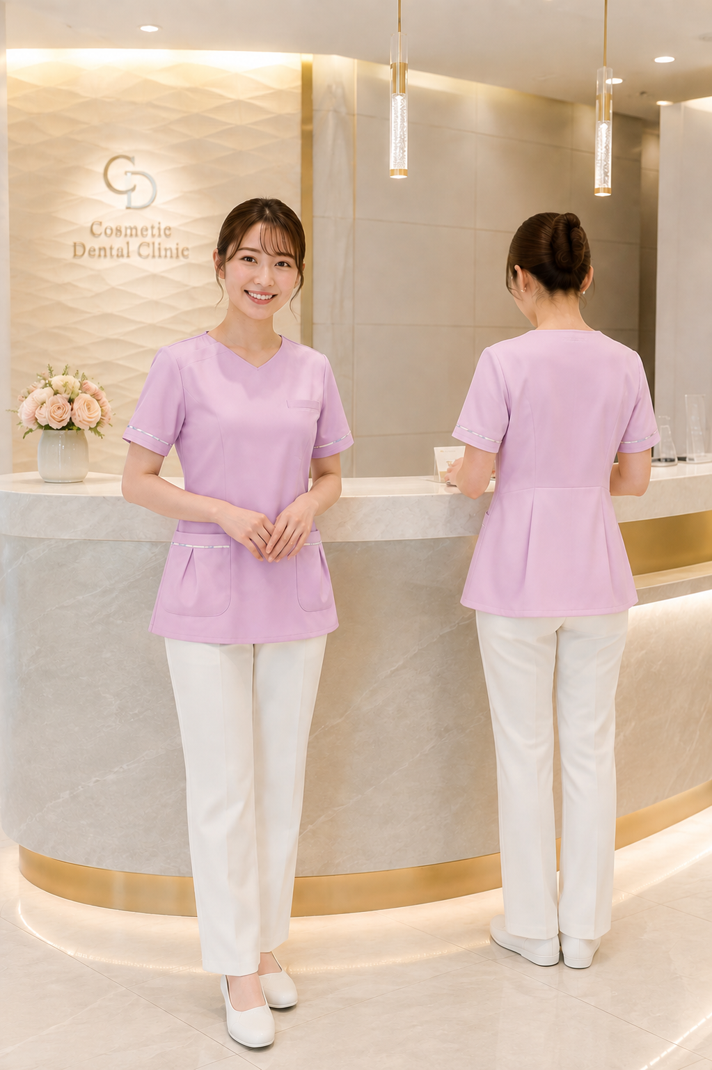 審美歯科ユニフォーム｜ラベンダー×ホワイトで高級感を演出する個性的な制服コーデ_mxa0001