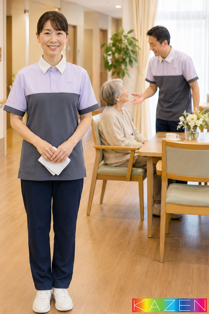 介護施設ユニフォーム｜パープル×グレーのバイカラーポロシャツで親しみやすい介護スタッフ制服｜病院・エステ制服はコーデから選ぶ【ekz0006】