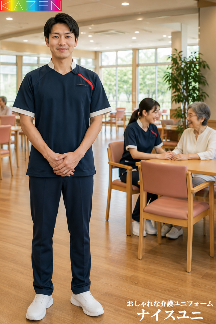ネイビーで統一する大規模デイサービスの介護スタッフ制服｜動きやすくスタイリッシュ｜病院・介護制服はコーデから選ぶ【ekz0009】