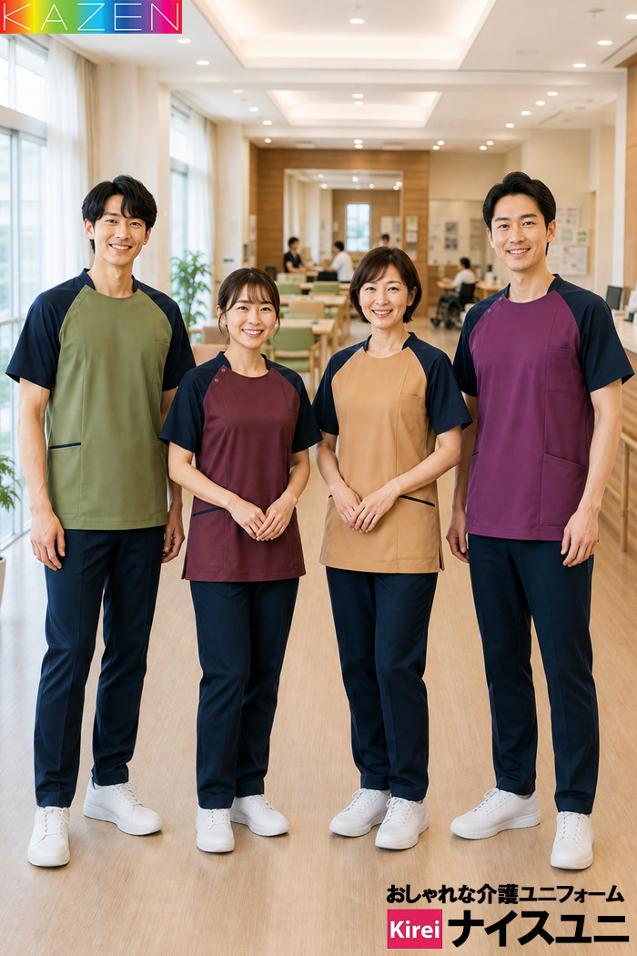 大規模介護施設におすすめ｜ニュアンスカラーで彩る軽量スクポロ×綿混パンツコーデ｜病院・介護制服はコーデから選ぶ【ekz0010】