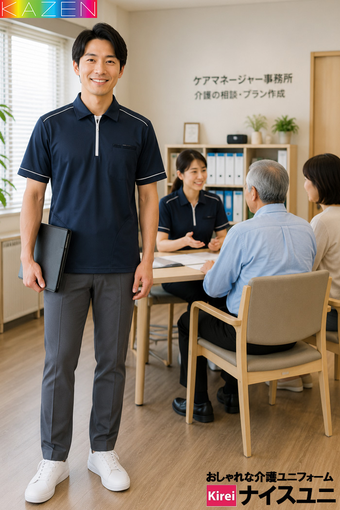 ケアマネージャーにおすすめのネイビー制服｜上品で信頼感のある介護スタッフコーデ｜病院・介護制服はコーデから選ぶ【ekz0012】