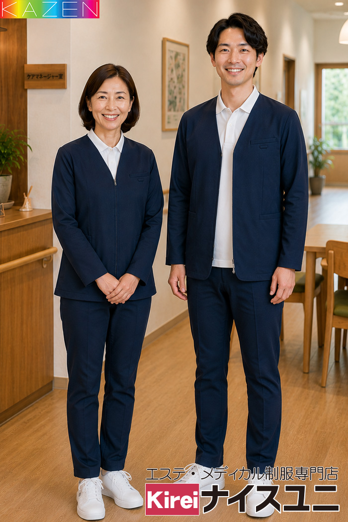 ケアマネージャーにおすすめのネイビージャケット制服｜きちんと見えて動きやすい介護ユニフォーム｜介護・ケアマネ制服はコーデから選ぶ【ekz0013】