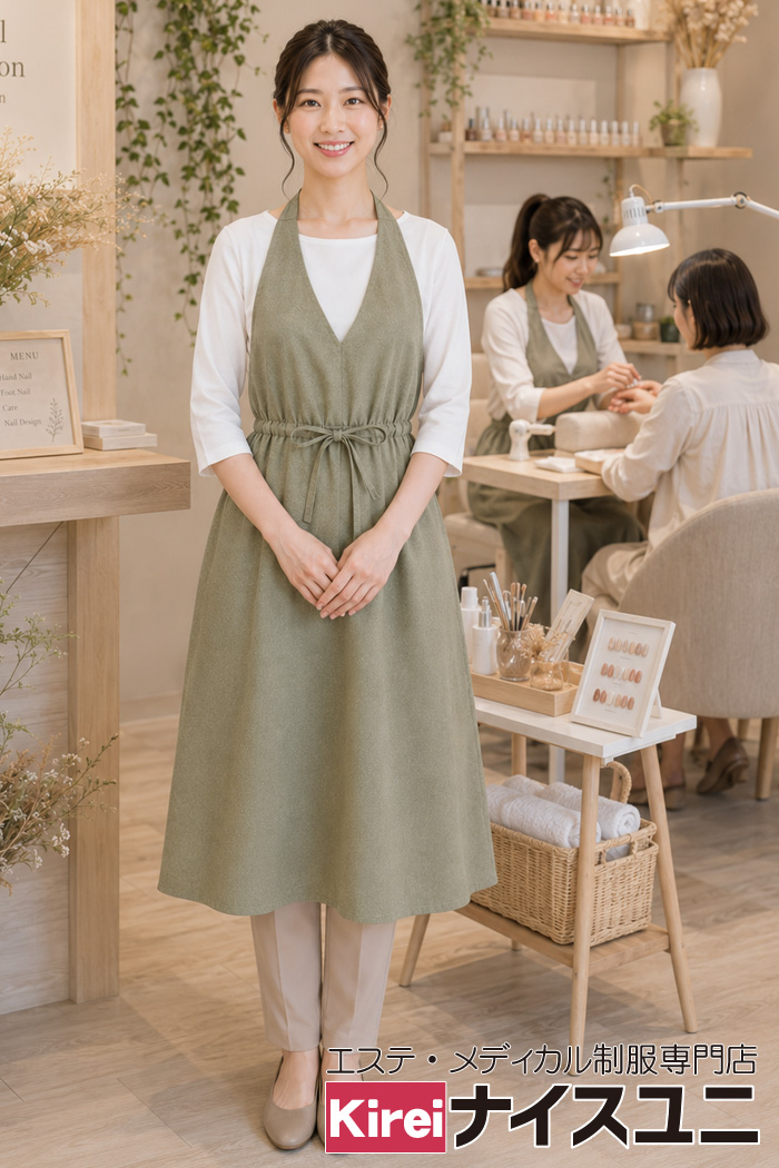 ナチュラルなネイルサロン制服｜リーフグリーンのホルターワンピースでやさしいサロンコーデ｜飲食店販売店ユニフォームはコーディネートから選ぶ【mxd003】