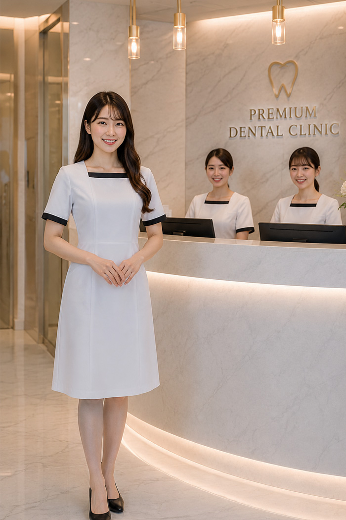 歯科受付・美容外科受付におすすめ制服｜審美歯科x高級感xおしゃれ　高級感のあるモノトーンワンピースユニフォーム　病院・エステ制服はコーデから選ぶ【mxa0002】