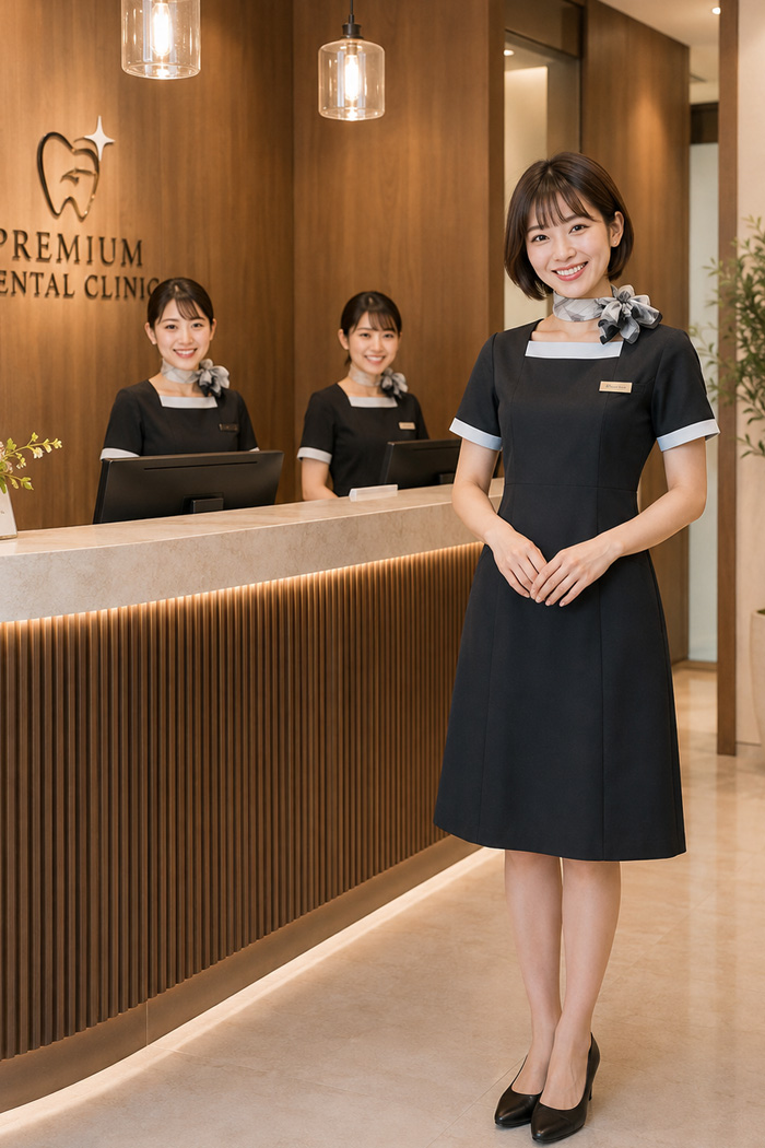 歯科受付・美容外科受付におすすめ制服｜審美歯科x高級感xおしゃれ　黒ワンピース×グレースカーフの高級感あるユニフォーム　病院・エステ制服はコーデから選ぶ【mxa0003】