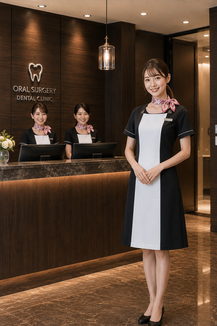 口腔外科・歯科受付の制｜口腔外科x機能的x高級感　モノトーンワンピース×ピンクスカーフの高級感あるユニフォーム　病院・エステ制服はコーデから選ぶ【mxa0004】