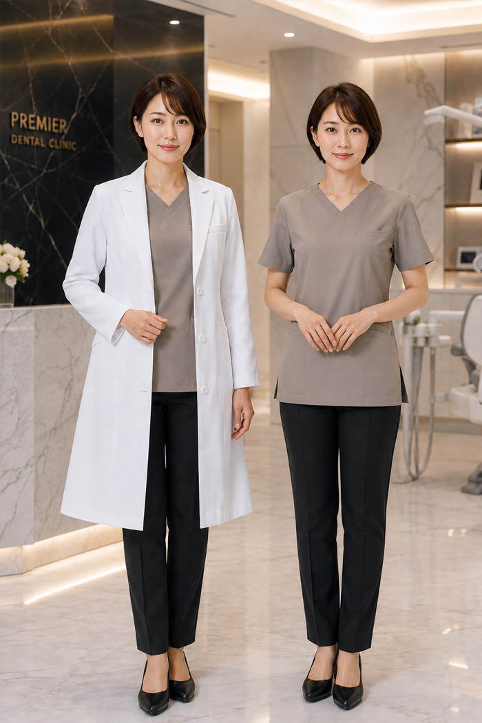 審美歯科の院長ユニフォーム｜審美歯科×高級感×グレージュ | ウォームグレーの高級スクラブ×ドクターコートで魅せる上質コーデ　病院・エステ制服はコーデから選ぶ【mxa0006】