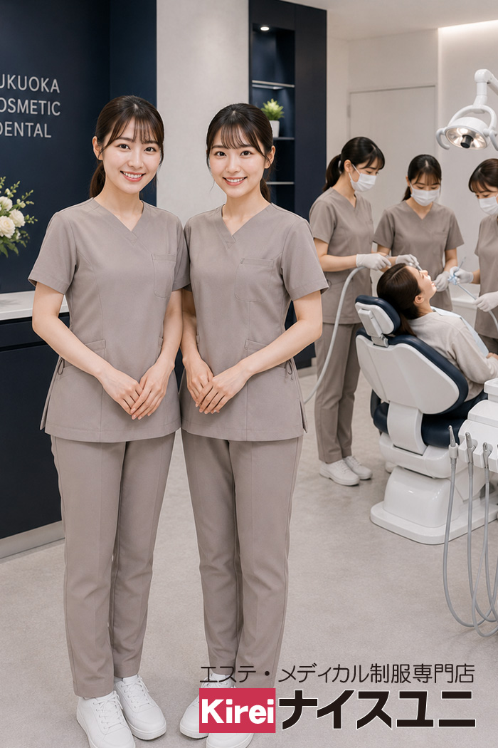 審美歯科の歯科衛生士ユニフォーム｜審美歯科×歯科助手×高級感×グレージュ | ウォームグレーで魅せるシンプル＆高級感コーデ　病院・エステ制服はコーデから選ぶ【mxa0017】