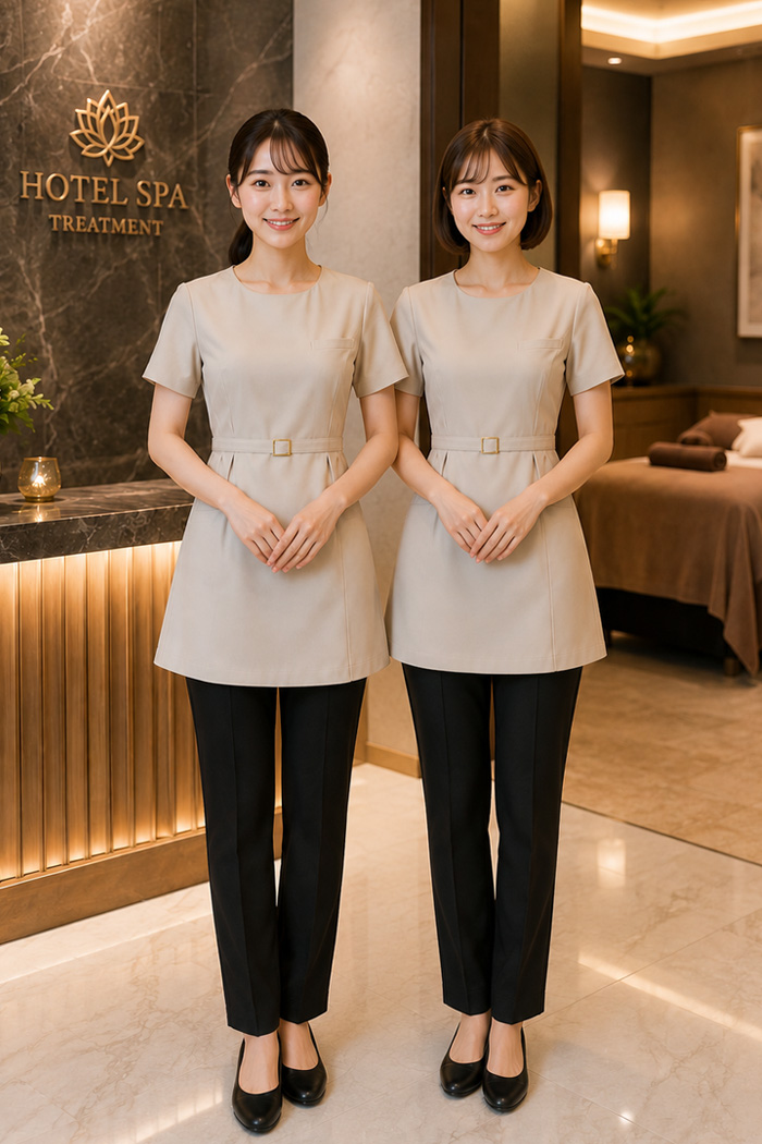 ホテルスパ・エステサロンの制服｜ホテルスパxホテルxオーガニック 親しみやすいベージュ×ブラックの施術ユニフォームコーデ　病院・エステ制服はコーデから選ぶ【mxb0008】
