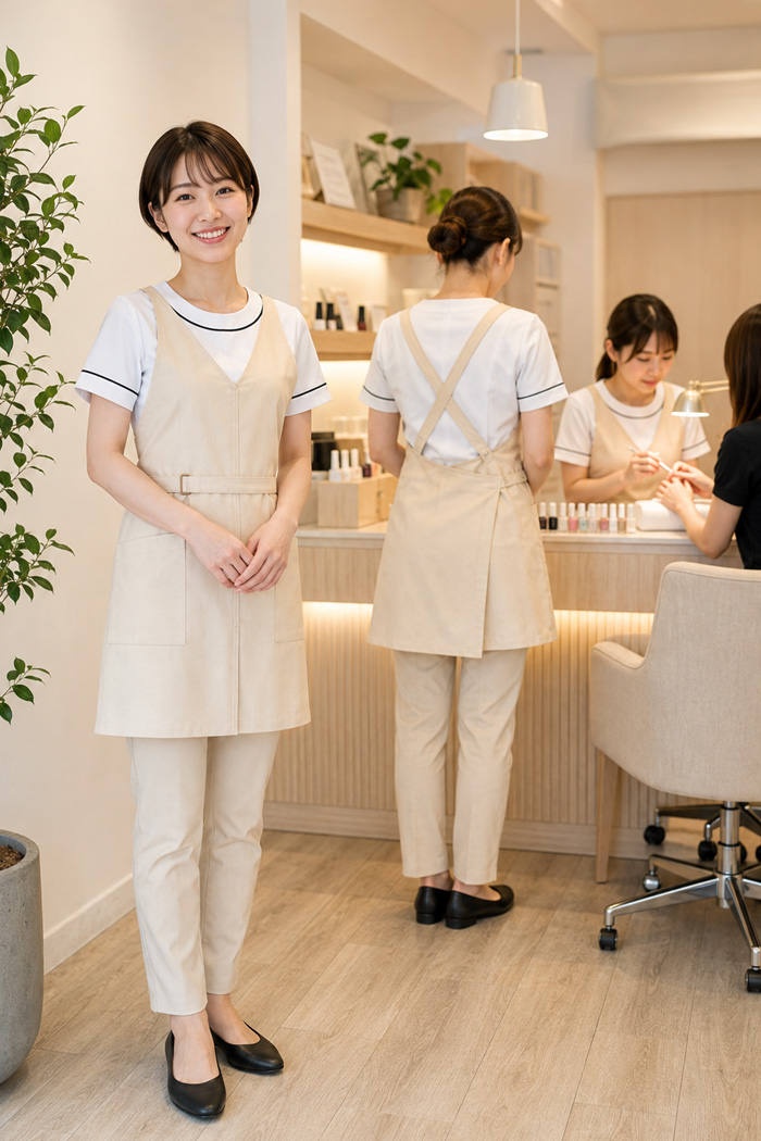 ネイルサロンにおすすめの制服｜ジェルネイルサロンxスタイリッシュx親しみやすい | 白×ベージュの親しみやすいユニフォームコーデ お尻がかくれるエプロンで安心　病院・エステ制服はコーデから選ぶ【mxd0001】