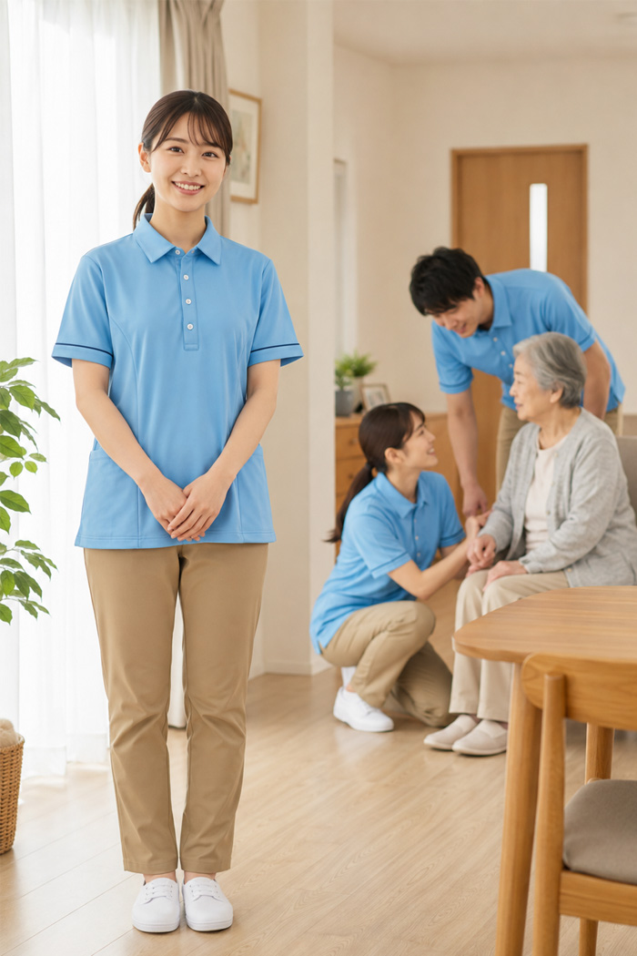 訪問介護ユニフォーム｜訪問介護x機能的x親しみやすい | 親しみやすい水色ポロシャツ×ベージュパンツの爽やか介護スタッフコーデ　病院・エステ制服はコーデから選ぶ【mxe0001】