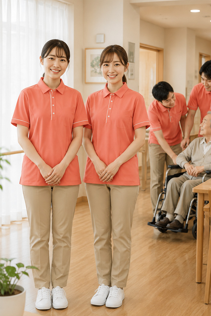 介護老人保健施設のユニフォーム｜介護老人保健施設x清潔感x明るい | 親しみやすいコーラルピンク×ベージュの介護スタッフコーデ　病院・エステ制服はコーデから選ぶ【mxe0003】