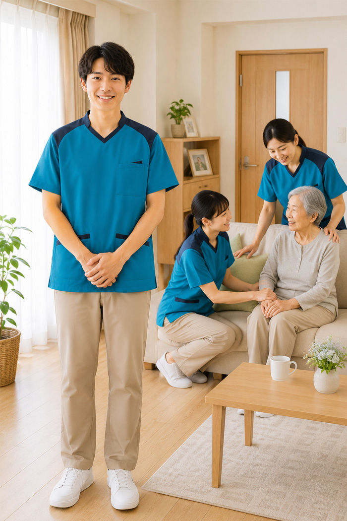 訪問介護の安いスクラブユニフォーム｜訪問介護x機能的x親しみやすい | ターコイズ×ベージュの親しみやすい介護スタッフコーデ　病院・エステ制服はコーデから選ぶ【mxe0006】