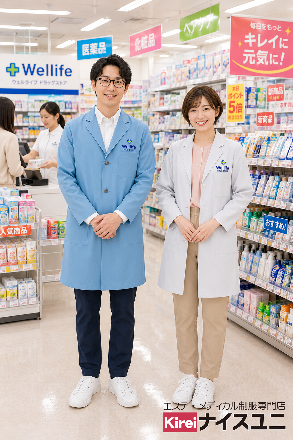 ドラッグストア薬剤師制服｜ブルー・アイスグレーの白衣コートで清潔感のあるユニフォームコーデ　病院・エステ制服はコーデから選ぶ【mxh0002】