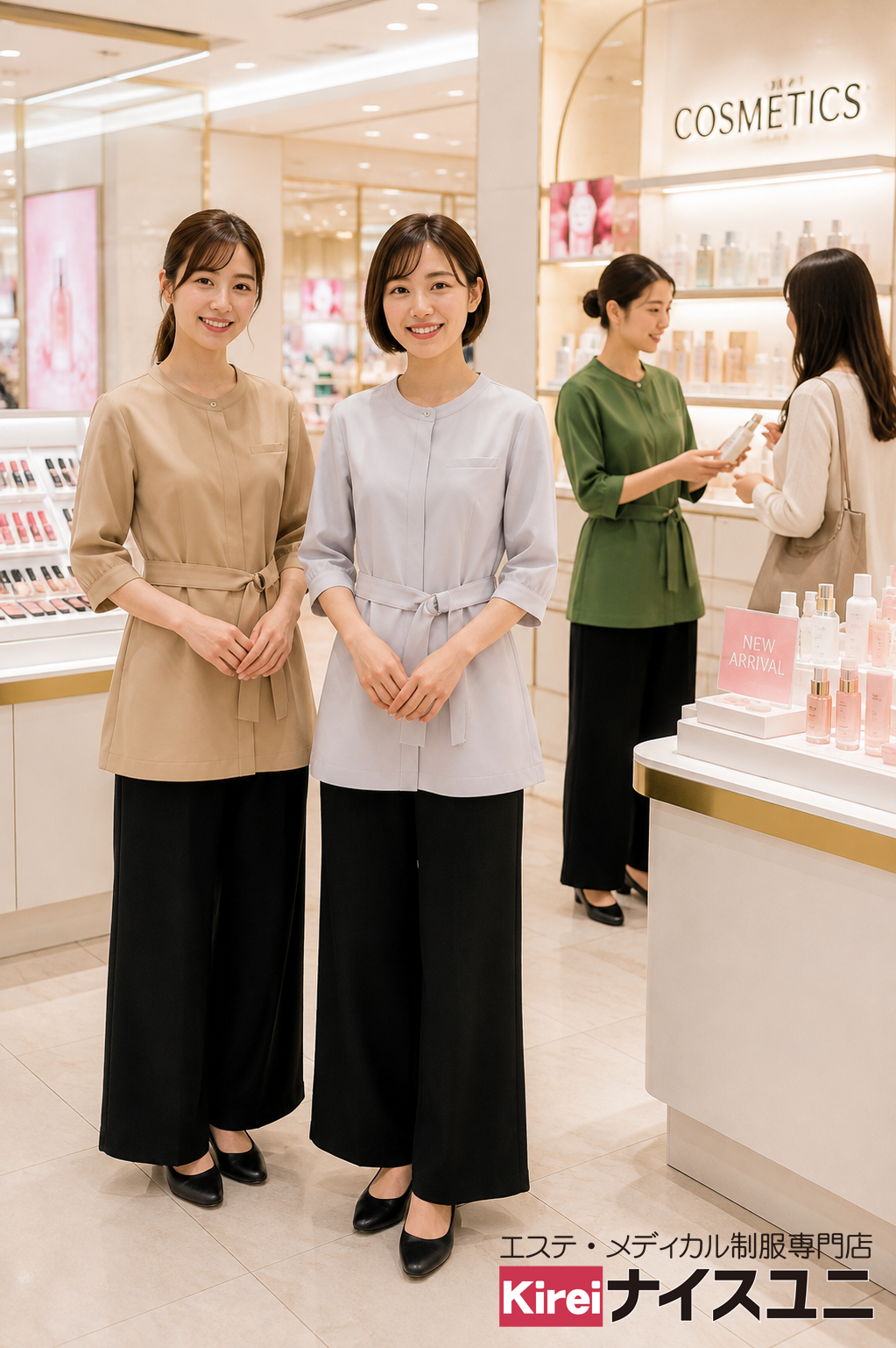 化粧品販売スタッフ制服｜ショッピングセンターの美容・コスメ接客ユニフォームコーデ｜病院・エステ制服はコーデから選ぶ【mxh0003】