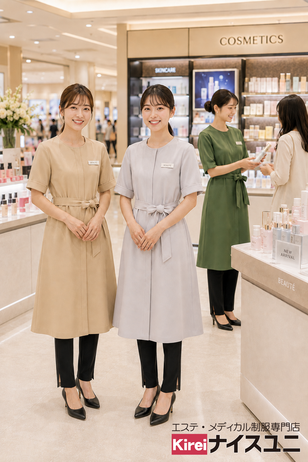 化粧品販売スタッフ制服｜上品なワンピース×スリットパンツの接客ユニフォームコーデ｜病院・エステ制服はコーデから選ぶ【mxh0004】
