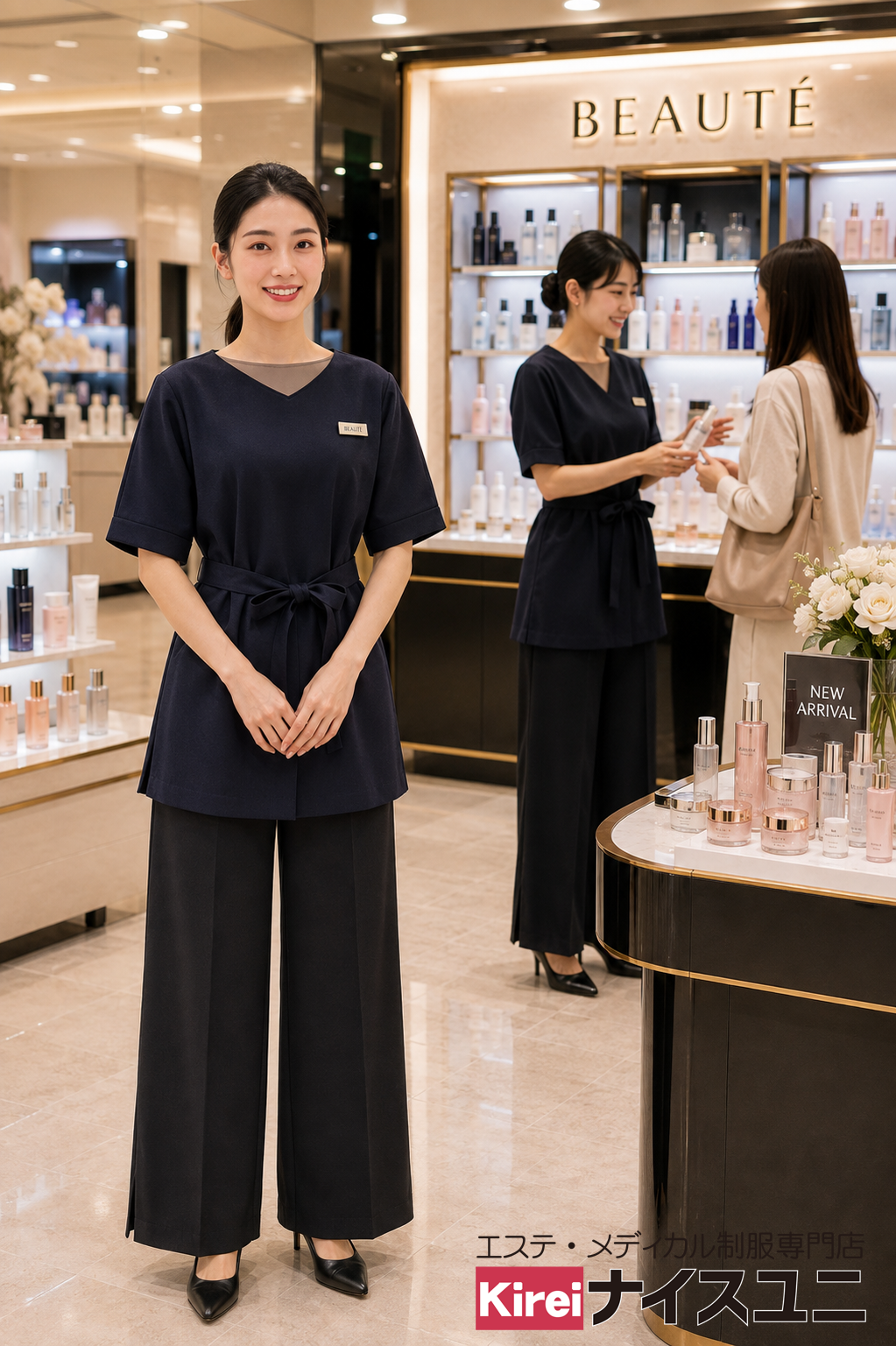 百貨店・化粧品販売スタッフ制服｜ネイビーチュニック×ワイドパンツの高級感ある接客ユニフォーム｜病院・エステ制服はコーデから選ぶ【mxh0005】
