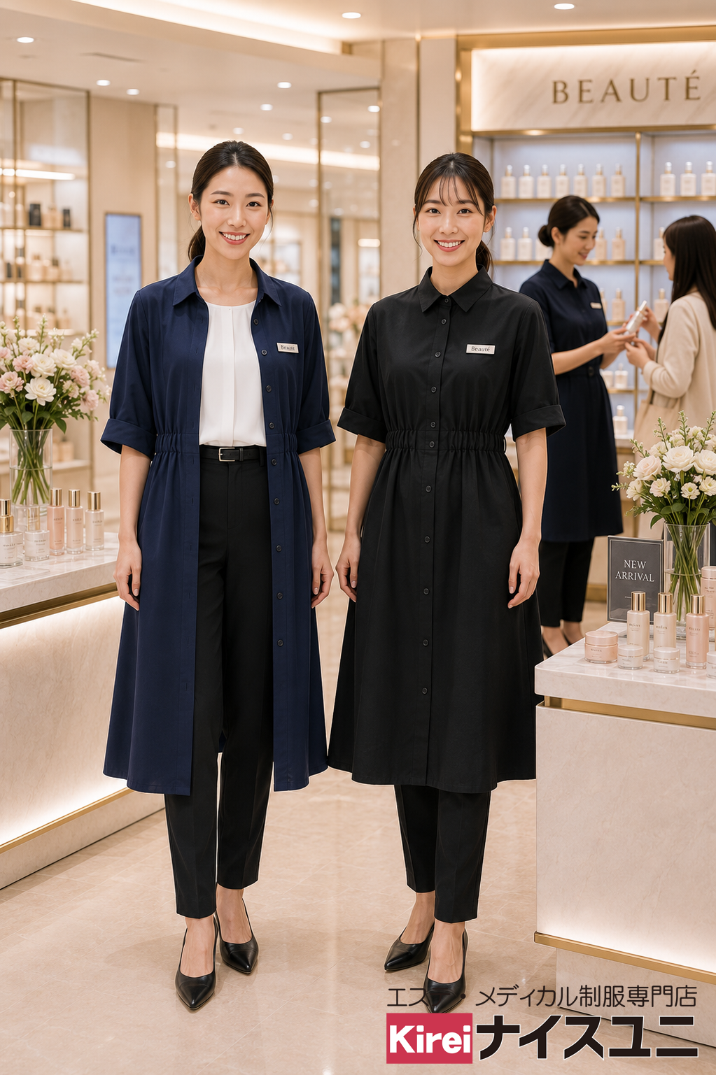 デパート・百貨店の化粧品販売スタッフ制服｜上品なシャツワンピースコーデ｜接客・販売ユニフォーム｜病院・エステ制服はコーディネートから選ぶ【mxh0006】