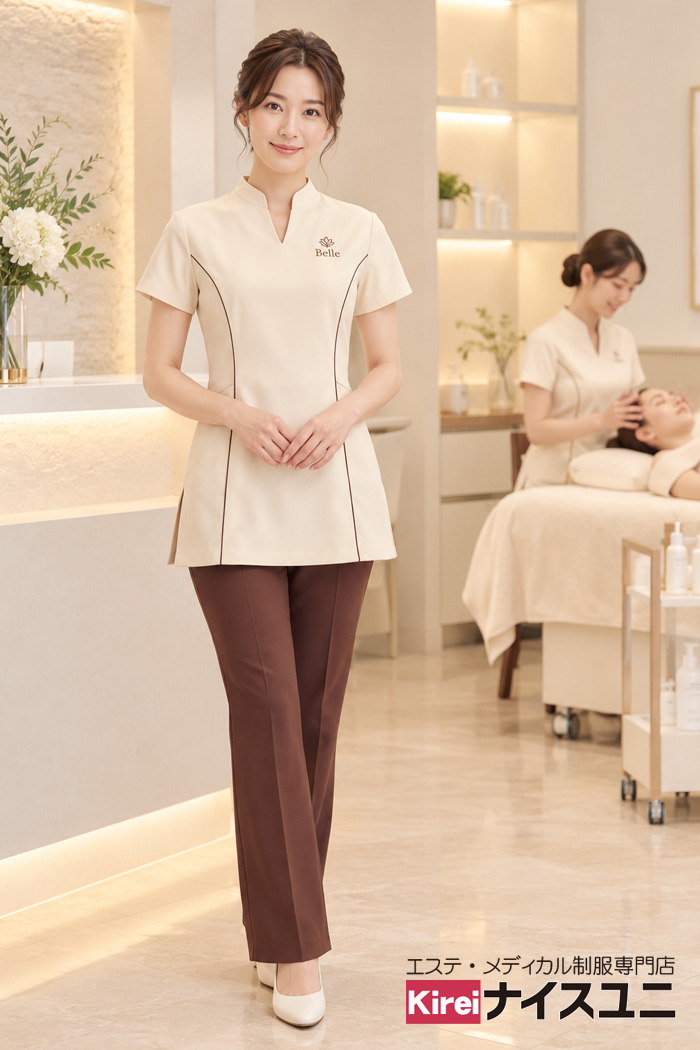 やさしく上品なエステサロンのベージュ制服｜エステ・歯科・病院ユニフォームはコーディネートから選ぶ【ebu0010】