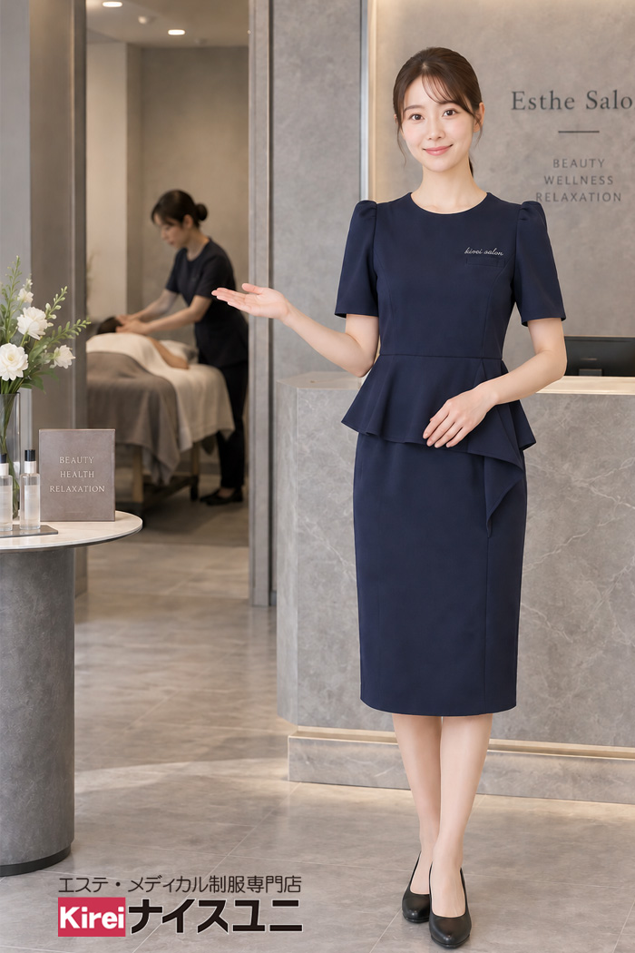 エステサロン受付のエレガントなワンピース制服｜ダークネイビー×シルバー刺繍で高級感｜エステサロン制服はコーデから選ぶ【ec0063】