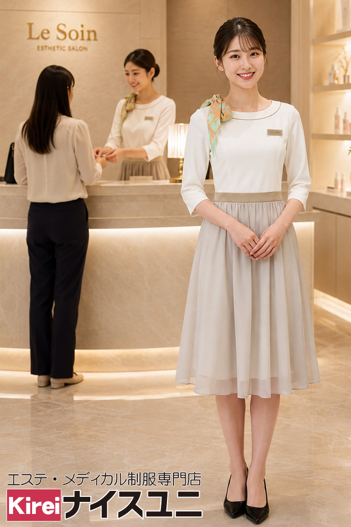 高級エステサロン受付の上品ワンピースコーデ｜ホワイト×ベージュのエレガント制服｜受付・エステサロン制服はコーデから選ぶ【eh0059】