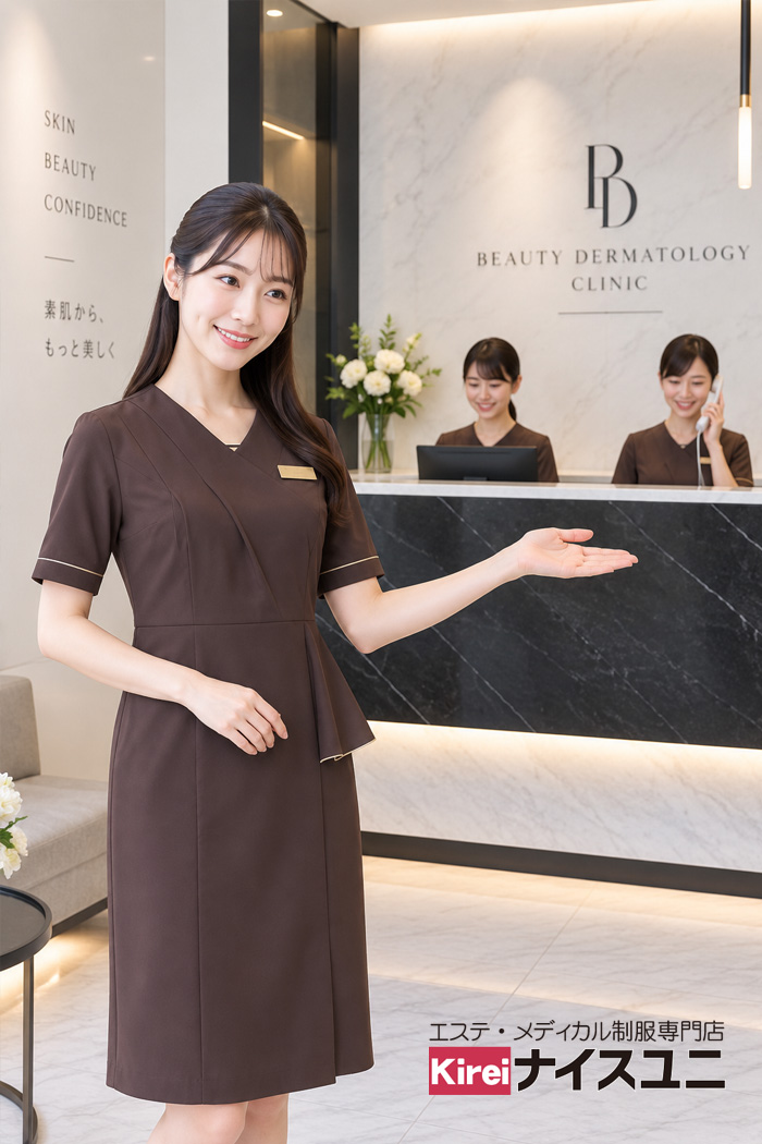 病院・エステ制服はコーデから選ぶ｜美容皮膚科クリニック受付・カウンセラーのブラウン制服コーデ｜高級感のある美容クリニック受付制服【mxc0006】