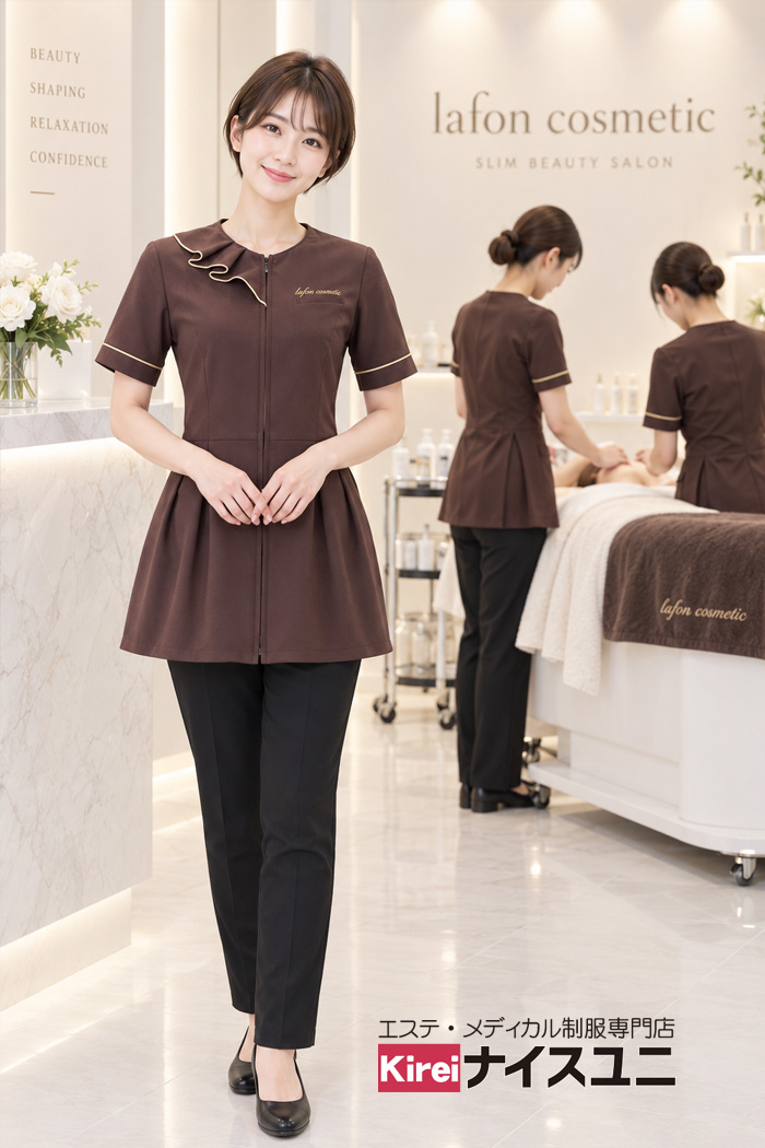 病院・エステ制服はコーデから選ぶ｜痩身エステサロンのエステティシャン制服｜ブラウン×ブラックで魅せる高級感ユニフォームコーデ【mxb0012】