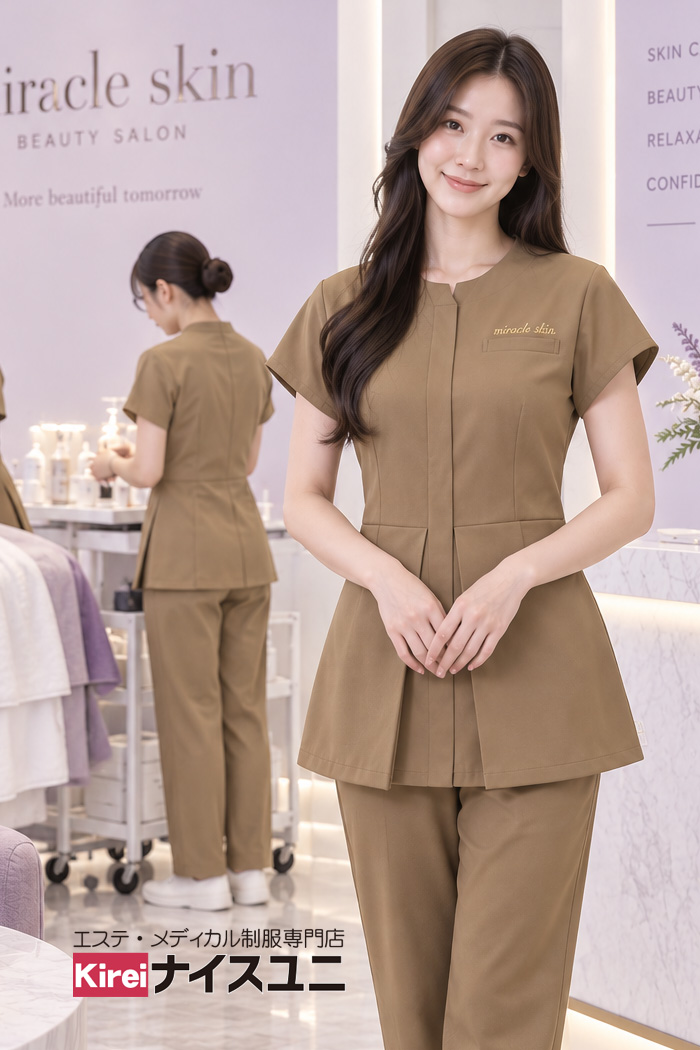 病院・エステ制服はコーデから選ぶ｜美肌サロンのエステティシャン制服｜サンドベージュで魅せる高級感ユニフォームコーデ【mxb0013】