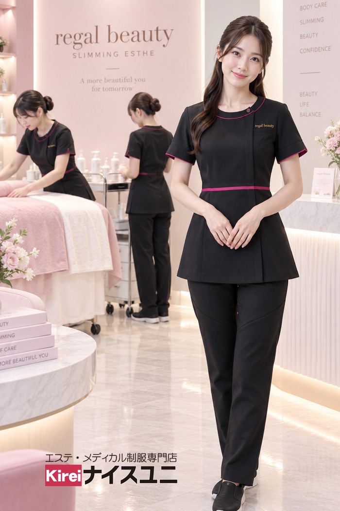 病院・エステ制服はコーデから選ぶ｜痩身エステのエステティシャン制服｜ブラックで魅せるプロフェッショナル＆清潔感ユニフォームコーデ【mxb0014】