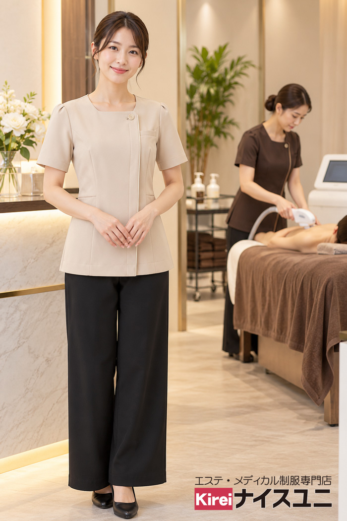 脱毛サロンのエステティシャン制服｜清潔感と信頼感を演出するベージュコーデ｜エステ・歯科・病院ユニフォームはコーディネートから選ぶ【mxb0018】