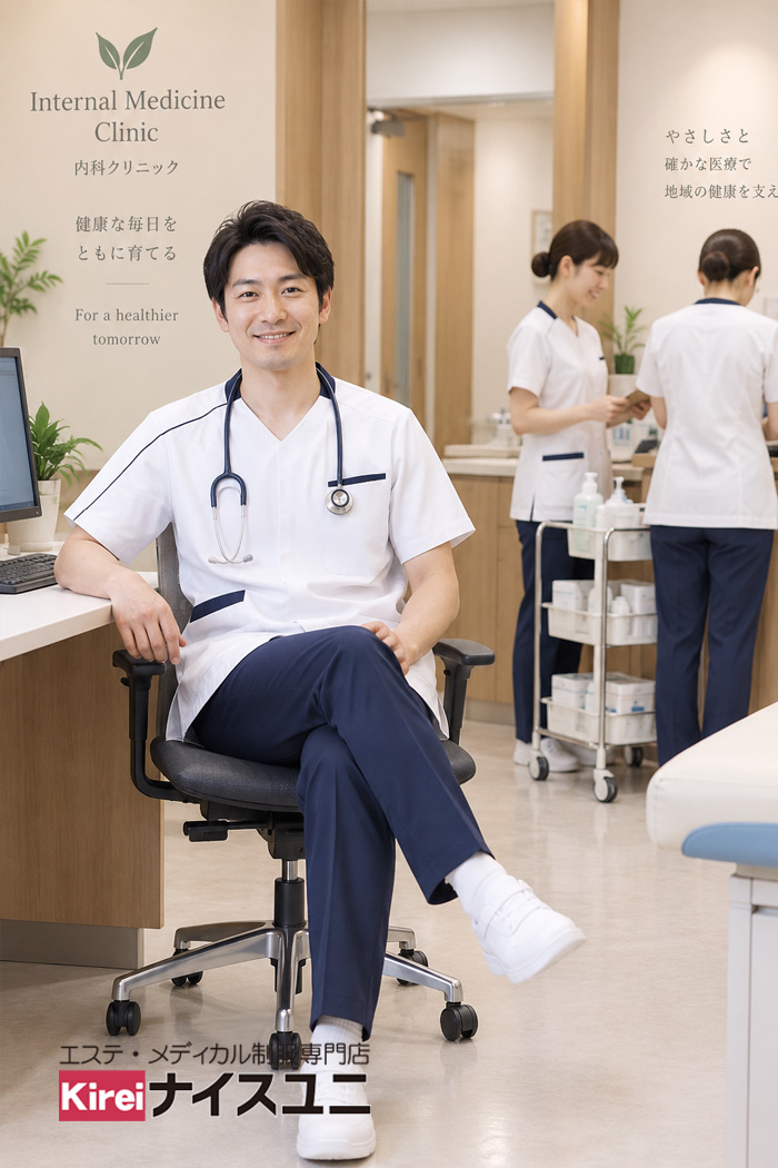 病院・エステ制服はコーデから選ぶ｜内科クリニックの医師制服｜白×ネイビーで清潔感と信頼感を伝えるユニフォームコーデ【mxc0009】