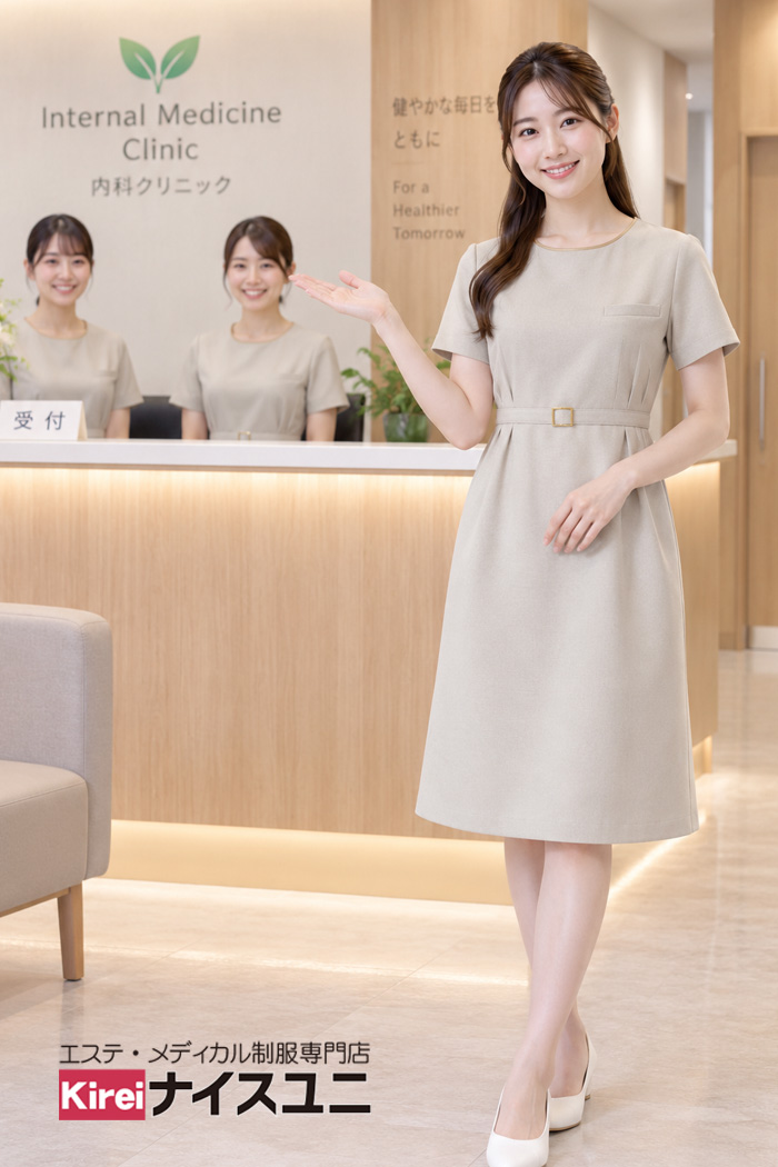 病院・エステ制服はコーデから選ぶ｜内科クリニック受付の制服｜シルバーベージュで親しみやすい落ち着いたワンピースユニフォームコーデ【mxc0010】