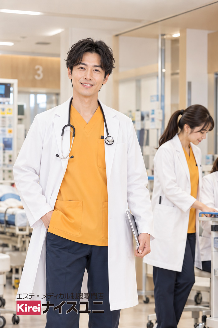 総合病院の医師制服｜オレンジスクラブ×白衣でナチュラルでやさしいユニフォームコーデ｜エステ・歯科・病院ユニフォームはコーディネートから選ぶ【mxc0011】