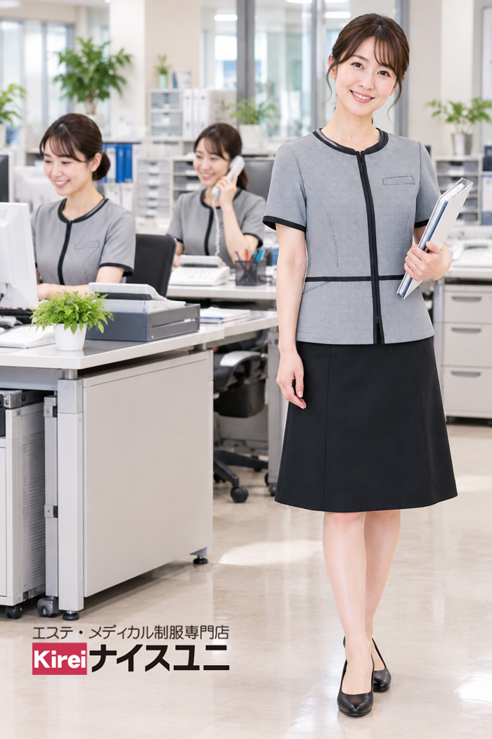 総合病院の医療事務制服｜ブラック系オーバーブラウス×Aラインスカートで清潔感と信頼感を演出｜エステ・歯科・病院ユニフォームはコーディネートから選ぶ【mxc0017】