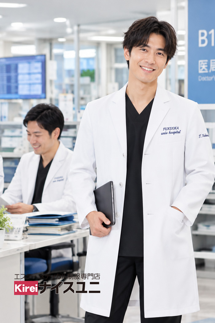 大学病院の医師制服｜ブラックスクラブ×白衣で信頼感とプロフェッショナルを演出するユニフォーム｜エステ・歯科・病院ユニフォームはコーディネートから選ぶ【mxc0018】