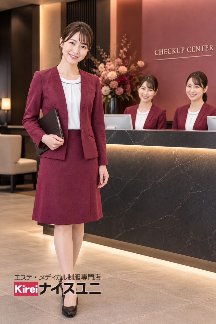 健診センターの受付制服｜ボルドーのジャケット＆スカートで高級感と上品さを演出するユニフォーム｜エステ・歯科・病院ユニフォームはコーディネートから選ぶ【mxc0020】