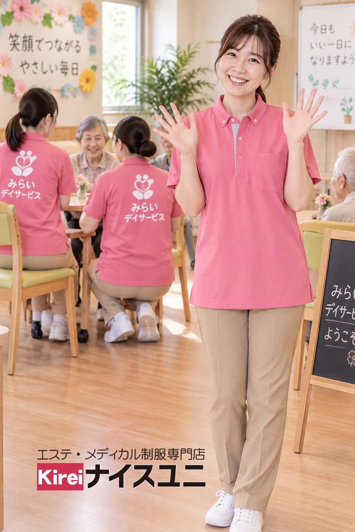 エステ・歯科・病院制服はコーデから選ぶ｜デイサービスの介護士制服｜やさしく明るいピンクポロシャツ×ベージュパンツのユニフォームコーデ【mxe0010】