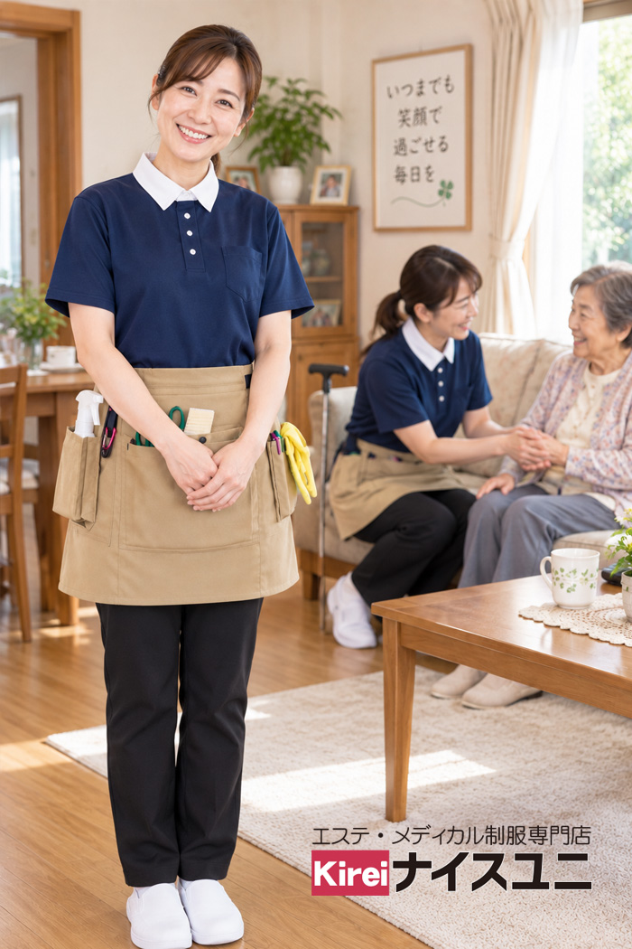 エステ・歯科・病院介護ユニフォームはコーディネートから選ぶ | 訪問介護の介護士制服｜ネイビーポロ×ブラックパンツ×多機能エプロンの親しみやすいユニフォームコーデ【mxe0011】