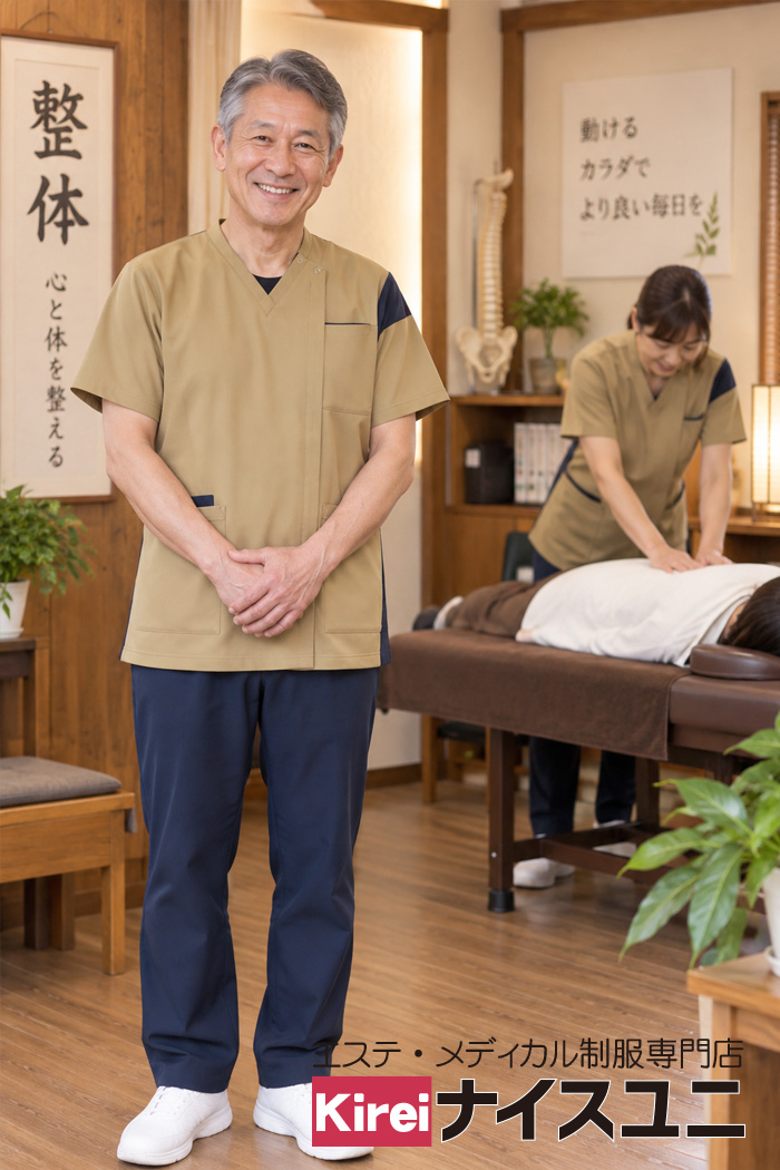 病院・エステ制服はコーデから選ぶ｜整体院の整体師制服｜ベージュ×ネイビーで親しみやすい・やさしい印象のユニフォームコーデ【mxf0003】