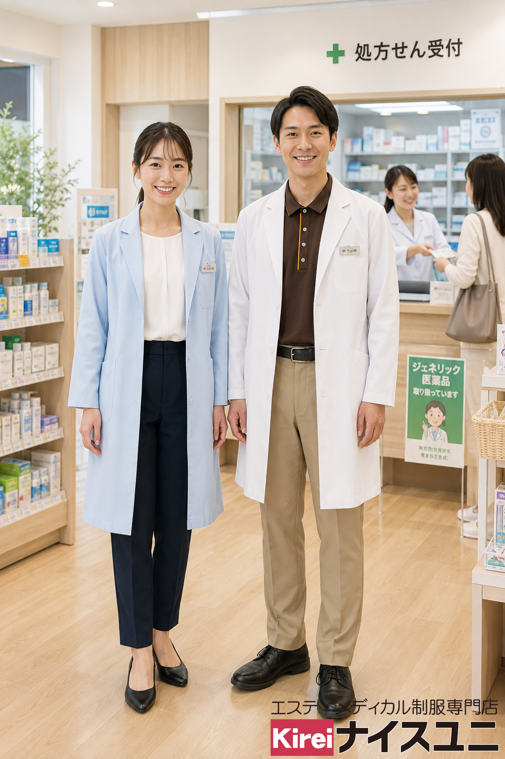 地域の調剤薬局におすすめ｜ブルー＆ホワイトのドクターコートでつくる信頼感ユニフォームコーデ｜接客・販売ユニフォーム｜病院・エステ制服はコーディネートから選ぶ【mxh0007】